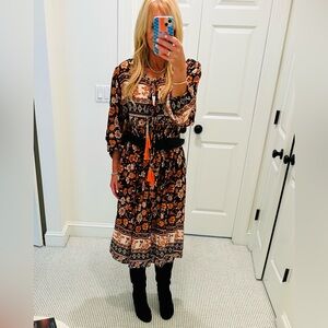R.Vivimos Long Sleeve Floral Tassel Bohemian Dresses, Black Size Medium